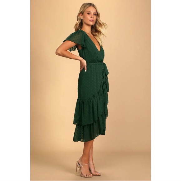 NWOT Lulus Have Harmony Dark Green Swiss Dot Ruffled Faux Wrap Midi Dress Large - Picture 3 of 10